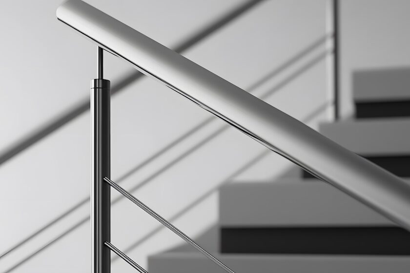 A close-up of a modern, sleek handrail with clean lines in a minimalist space